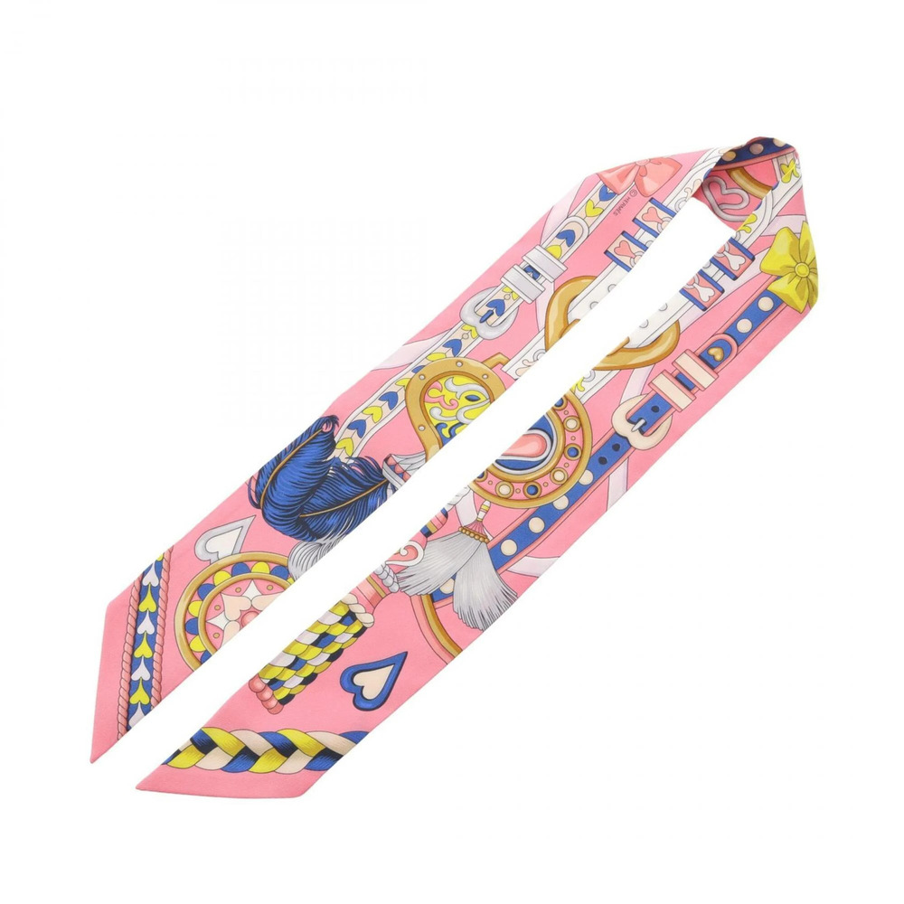 Hermes Twilly HARNAIS DE COEUR Ribbon Scarf Muffler Silk Women's Pink Multicolor - Picture 3 of 5